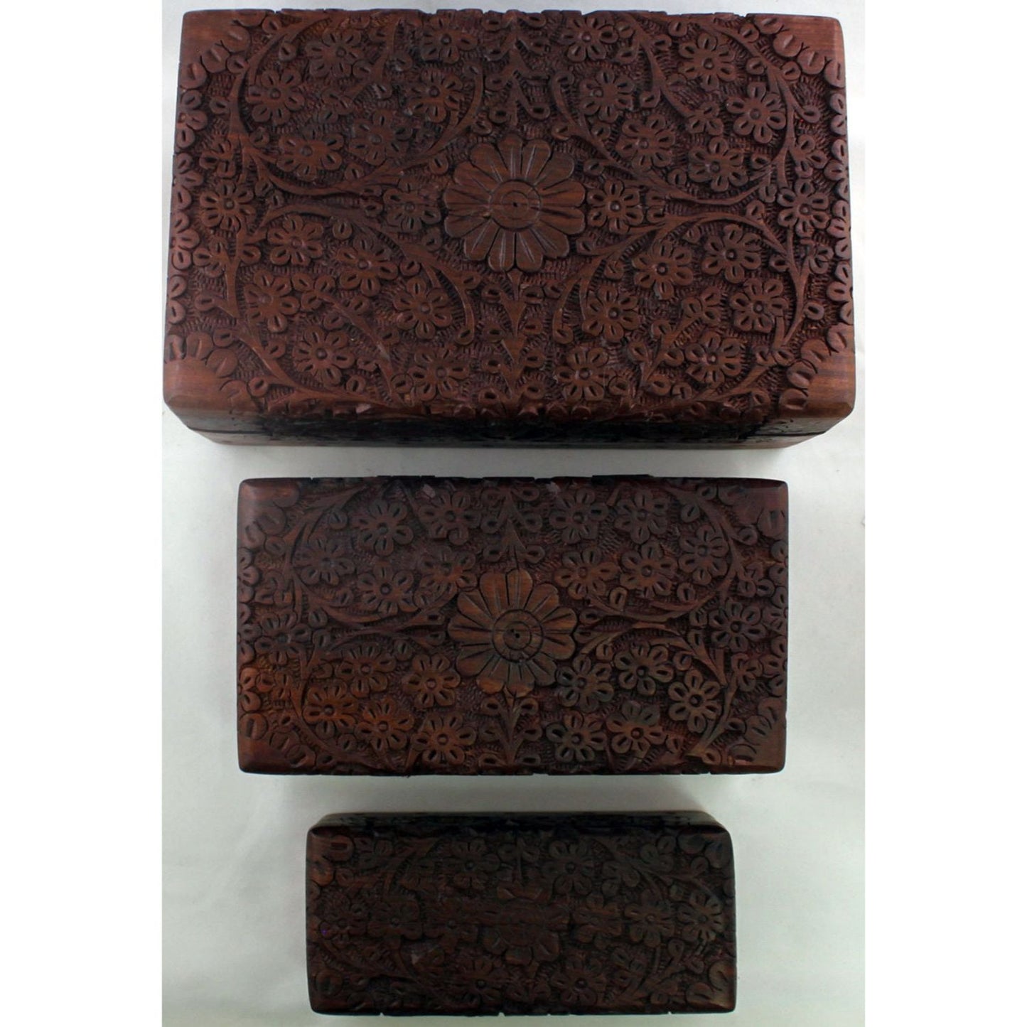 Storage Box - Rosewood Kashmiri Carved Nesting 3 Box Set