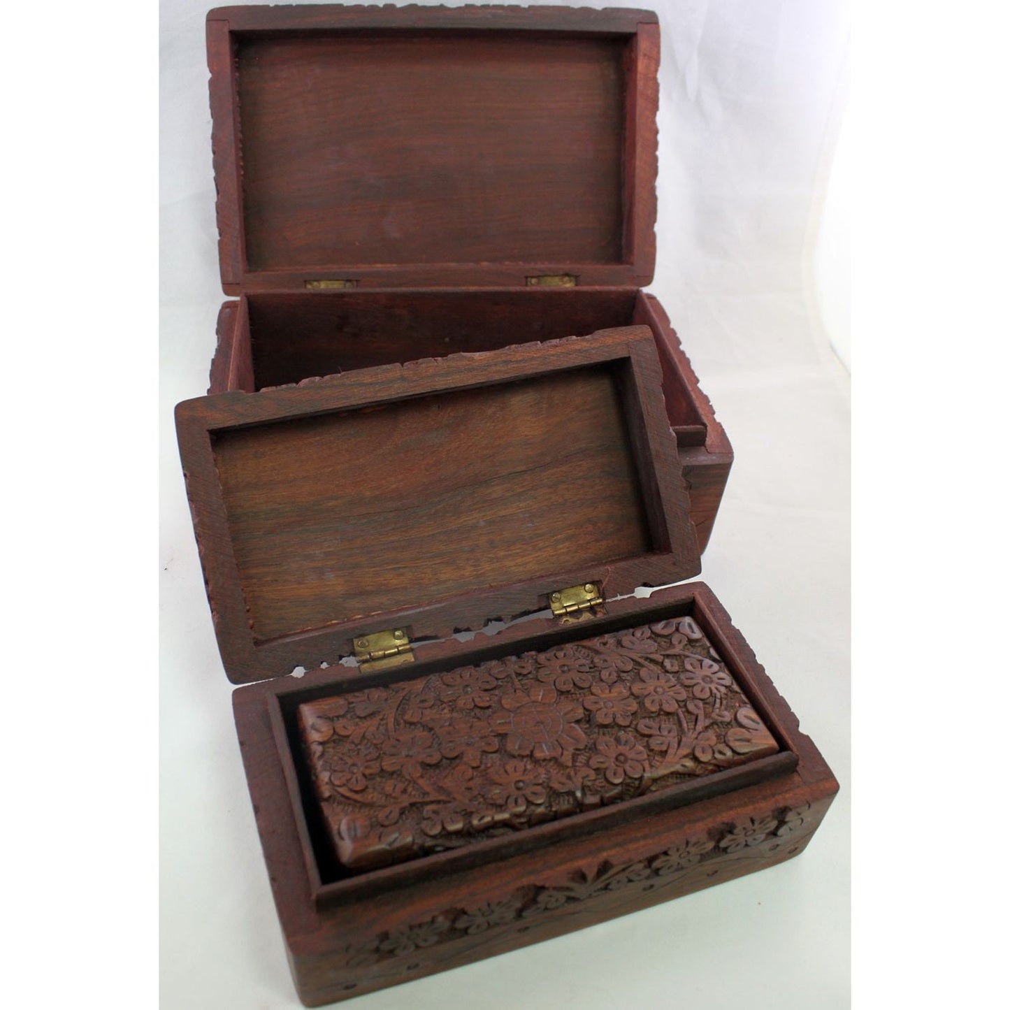 Storage Box - Rosewood Kashmiri Carved Nesting 3 Box Set